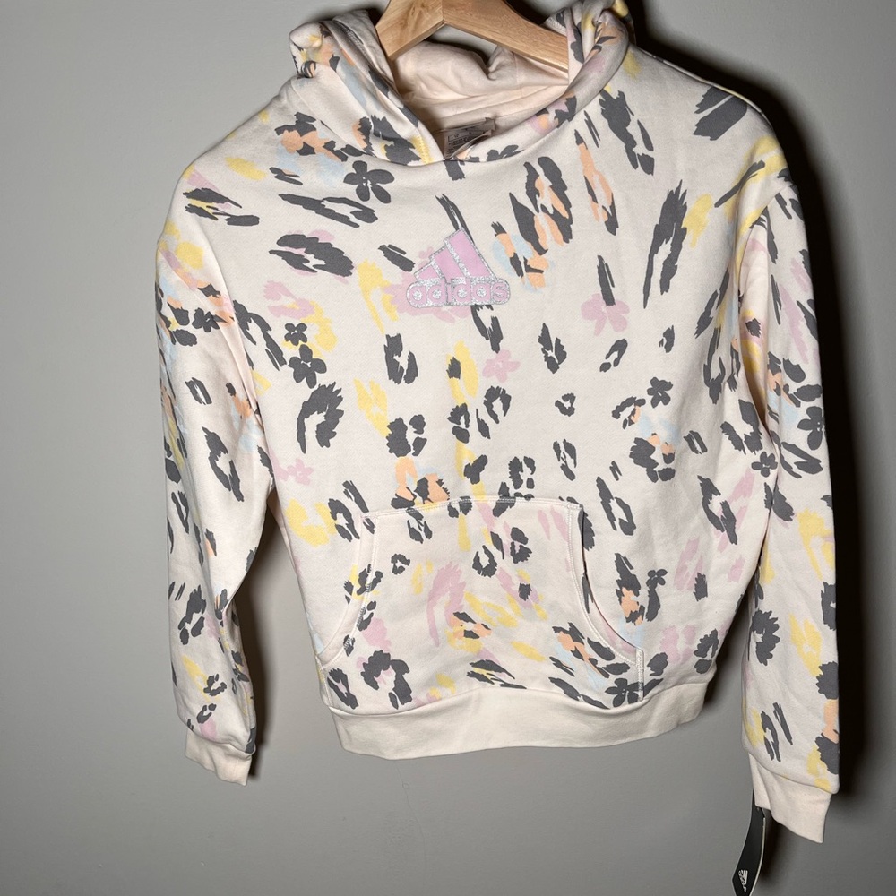 Adidas Girls Loose Fit Hoodie Leopard Floral Print Pastel Pink Yellow Size L 14